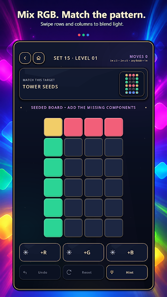 Color Carve RGB-feladvány színes mezőkkel és színkeverő vezérlőkkel