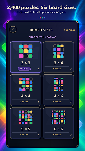 Táblaméret-választás a Color Carve játékban hat színes feladványrács segítségével