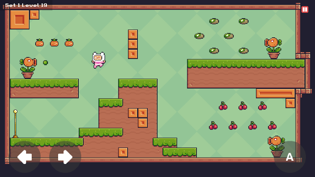 Pixel Fantasy-pálya összegyűjthető gyümölcsökkel és füves platformokkal